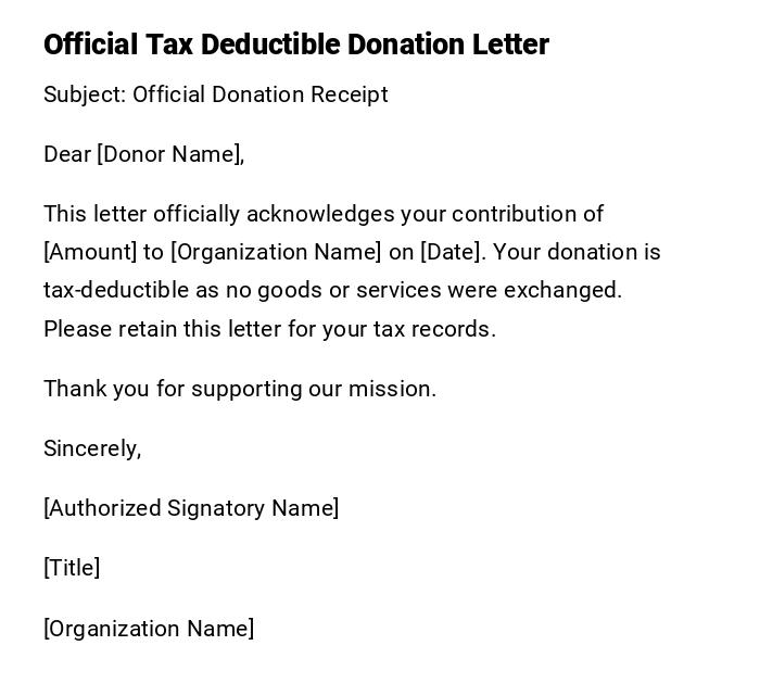 Official Tax Deductible Donation Letter