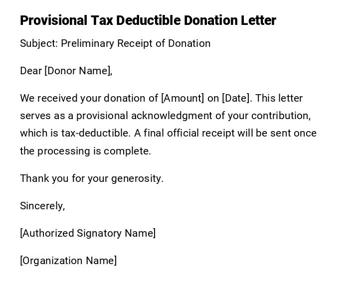 Provisional Tax Deductible Donation Letter