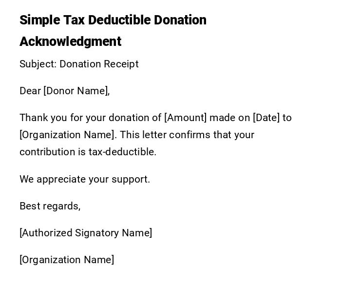 Simple Tax Deductible Donation Acknowledgment