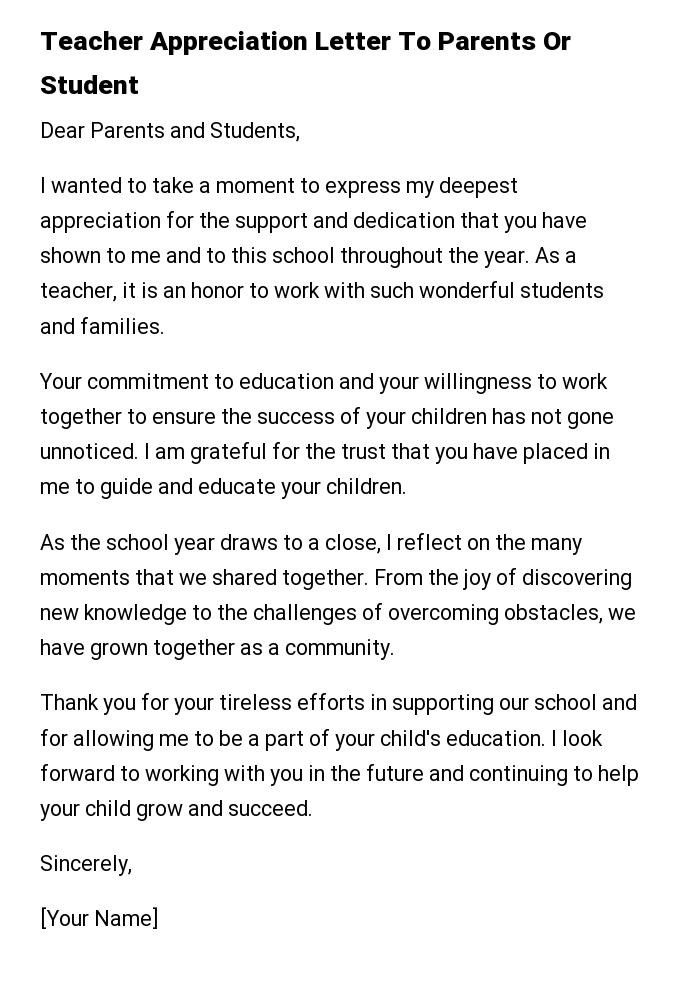 Teacher Appreciation Letter To Parents Or Student