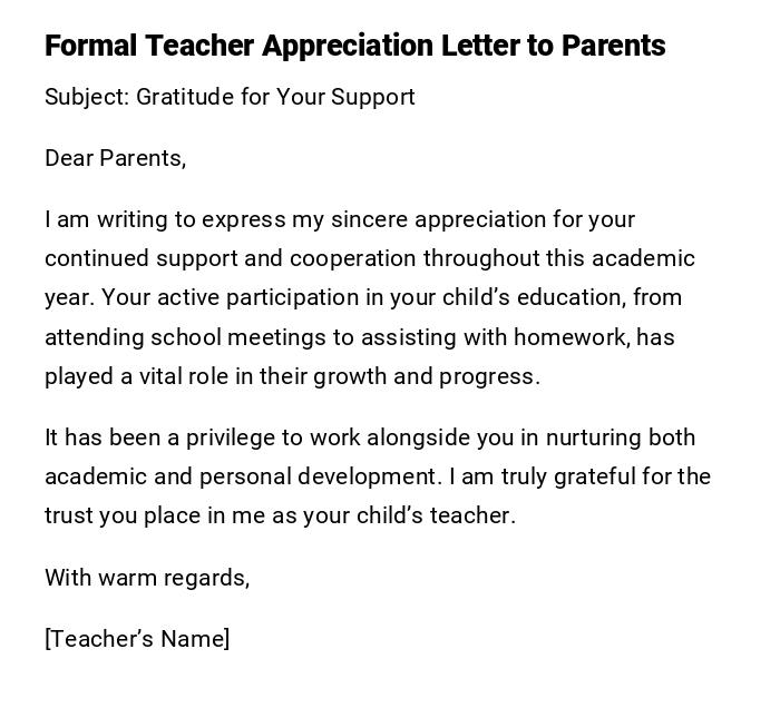 Formal Teacher Appreciation Letter to Parents Formal Teacher Appreciation Letter to Parents