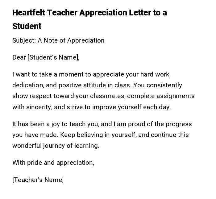 Heartfelt Teacher Appreciation Letter to a Student Heartfelt Teacher Appreciation Letter to a Student