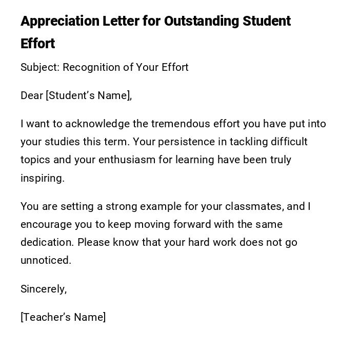 Appreciation Letter for Outstanding Student Effort Appreciation Letter for Outstanding Student Effort