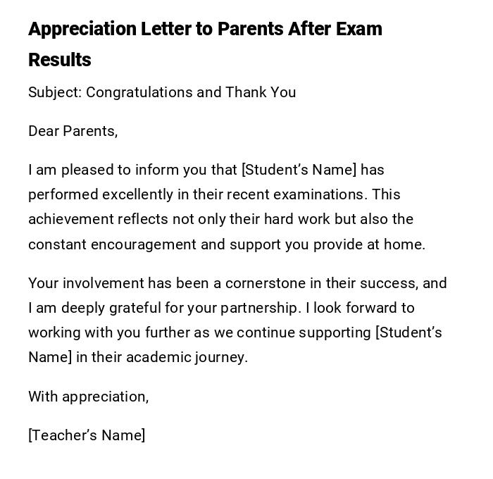 Appreciation Letter to Parents After Exam Results Appreciation Letter to Parents After Exam Results