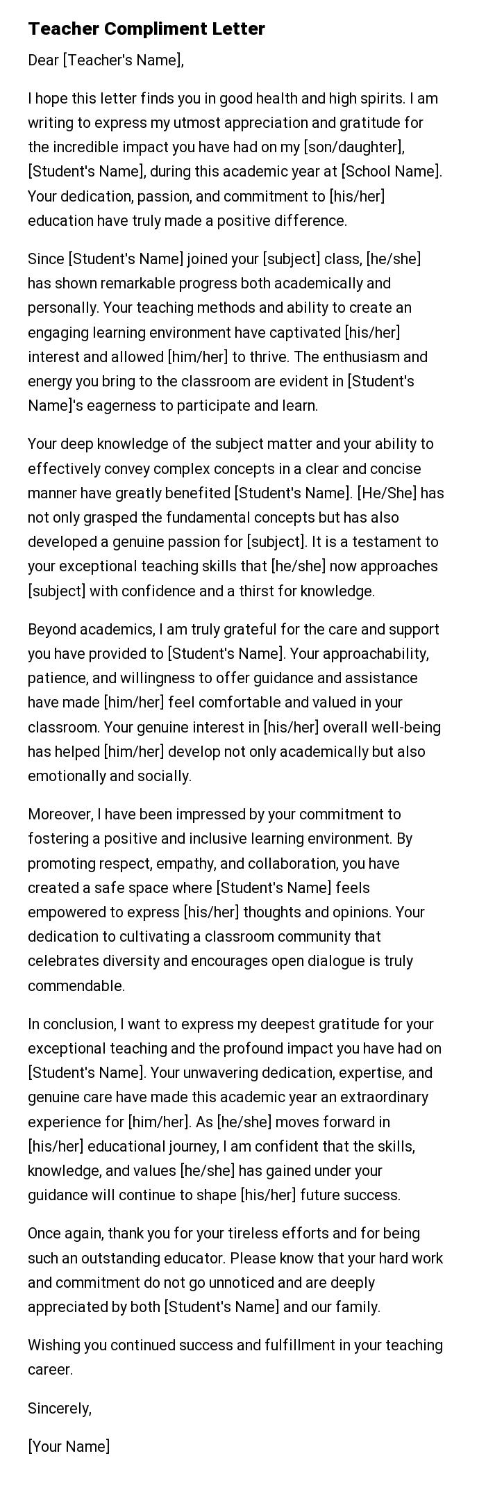 Teacher Compliment Letter