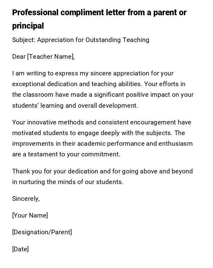 Professional compliment letter from a parent or principal Professional compliment letter from a parent or principal