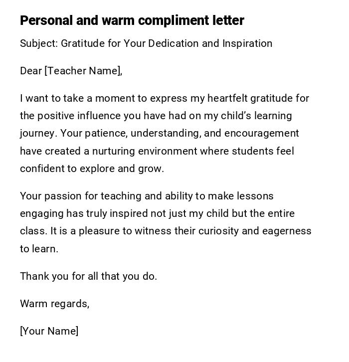 Personal and warm compliment letter Personal and warm compliment letter