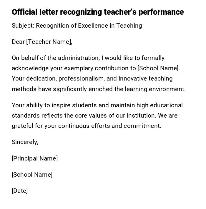 Official letter recognizing teacher’s performance Official letter recognizing teacher’s performance