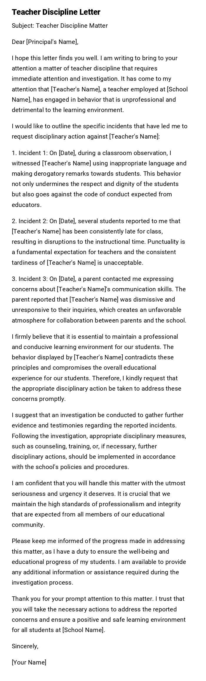 Teacher Discipline Letter