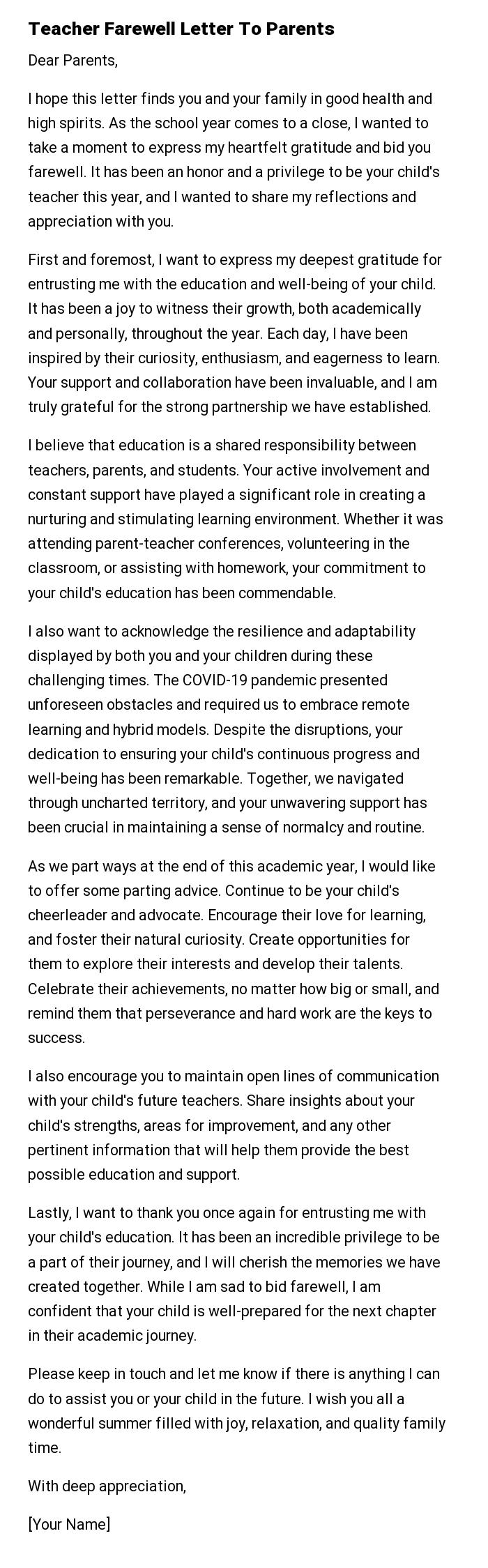 Teacher Farewell Letter To Parents
