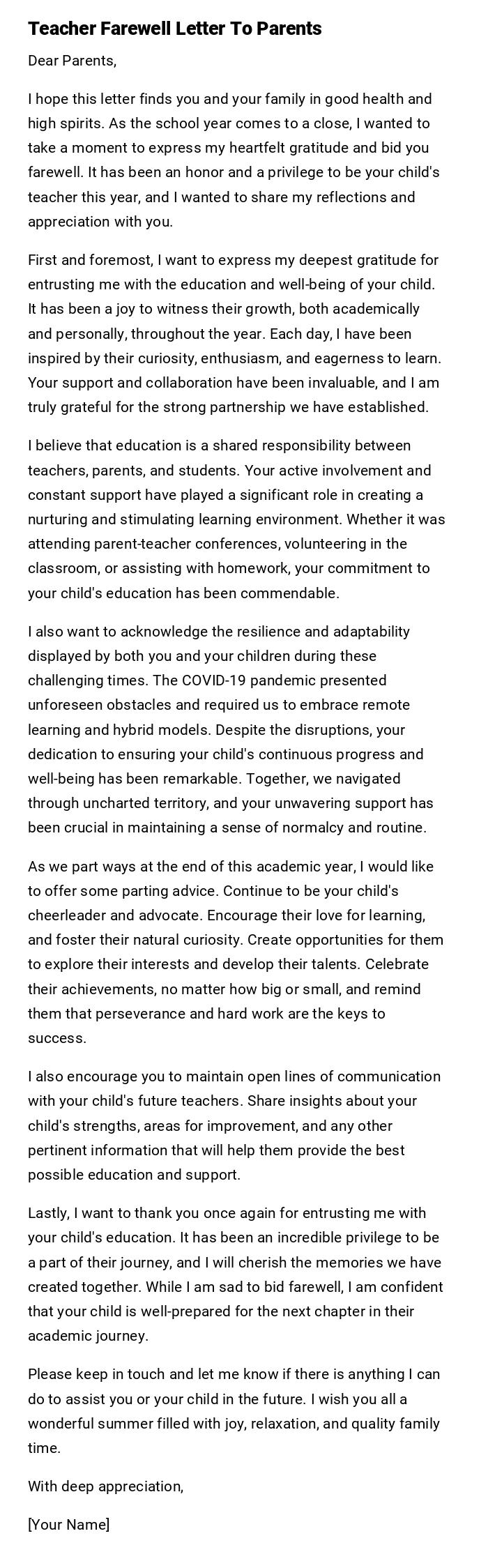 Teacher Farewell Letter To Parents