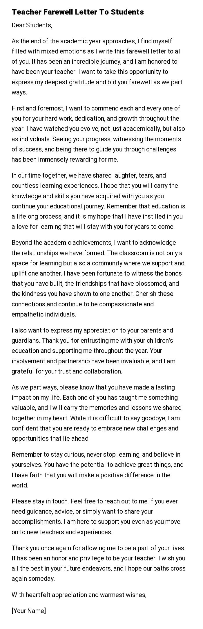 Teacher Farewell Letter To Students