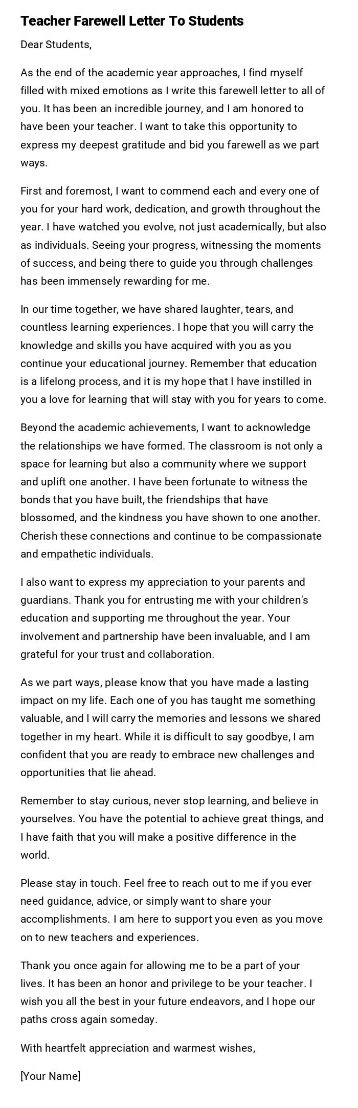 Teacher Farewell Letter To Students