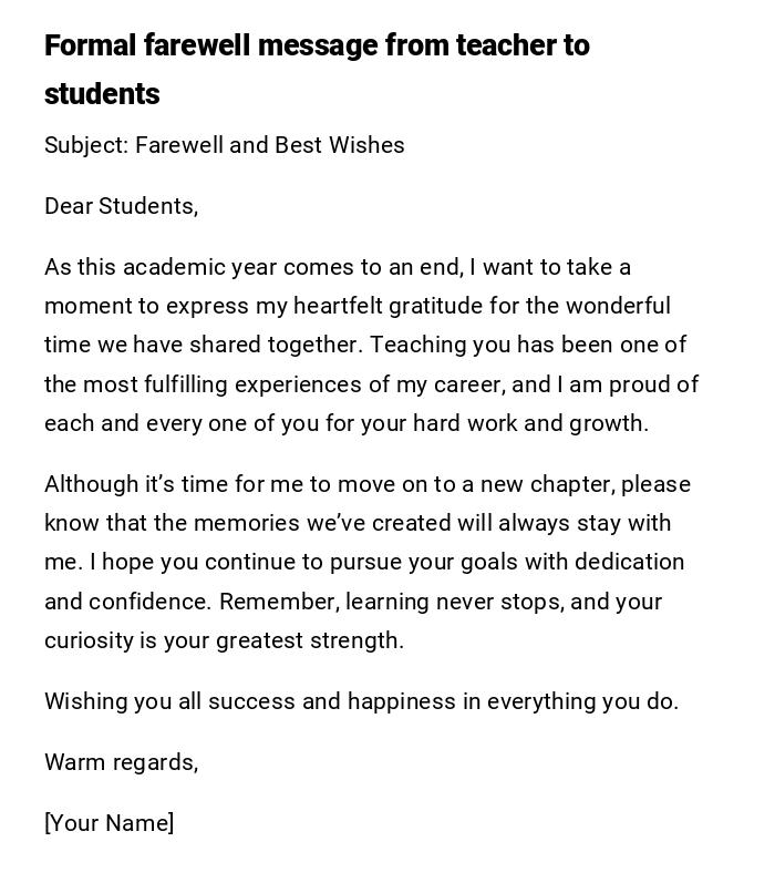 Formal farewell message from teacher to students