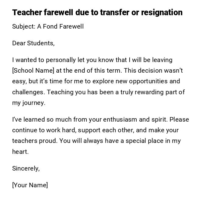 Teacher farewell due to transfer or resignation