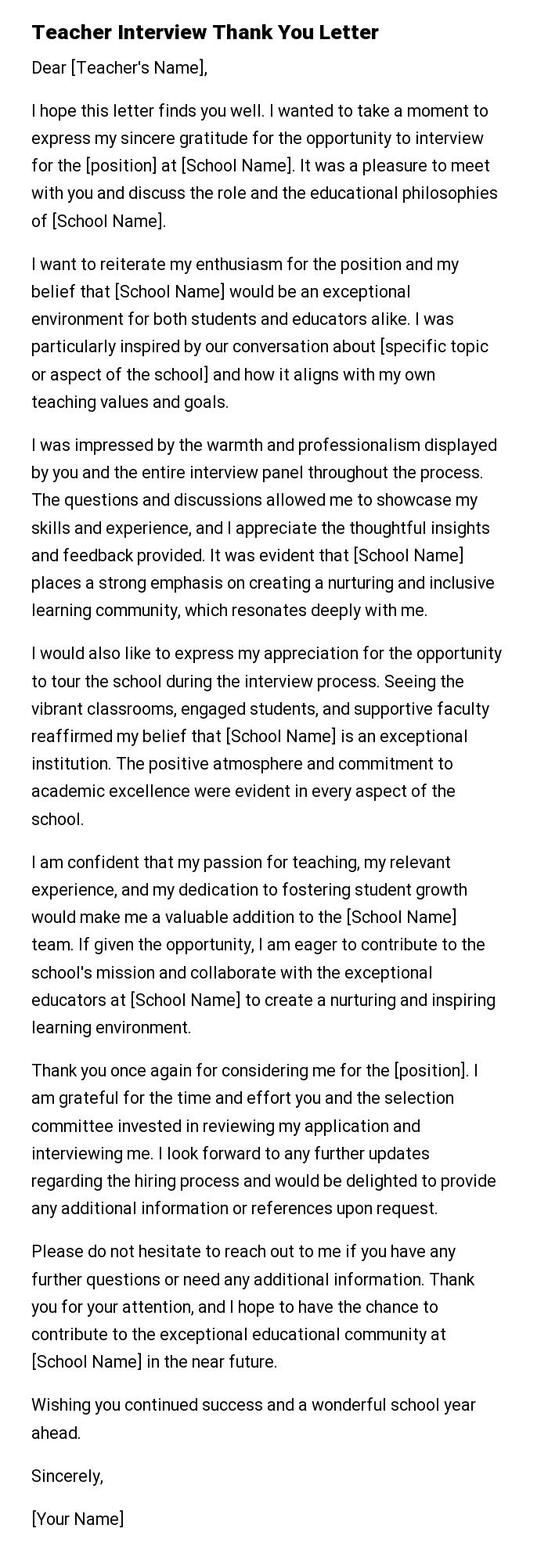 Teacher Interview Thank You Letter