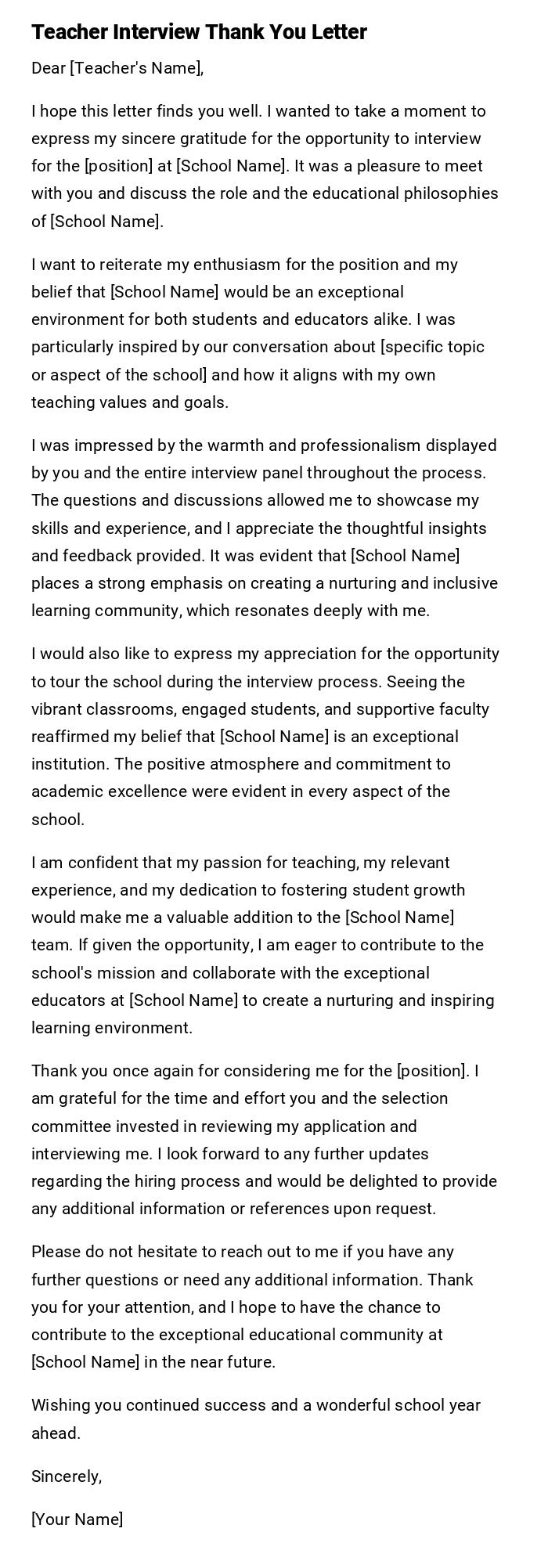 Teacher Interview Thank You Letter