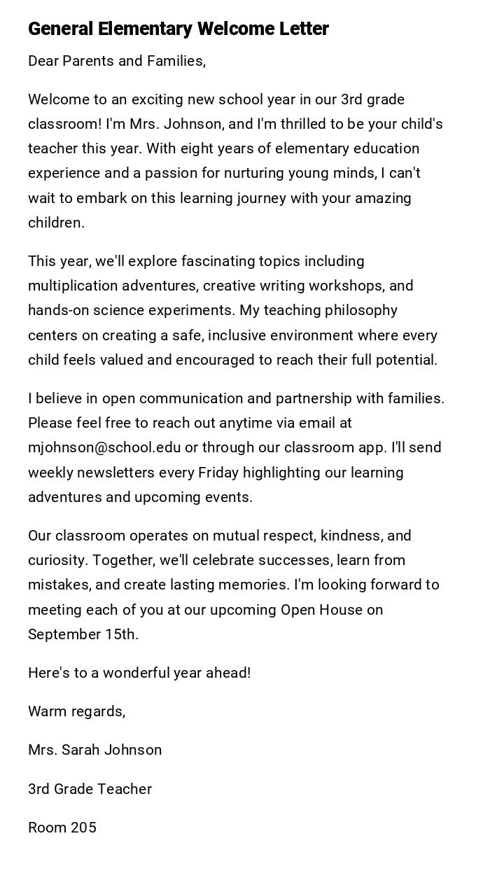 General Elementary Welcome Letter General Elementary Welcome Letter