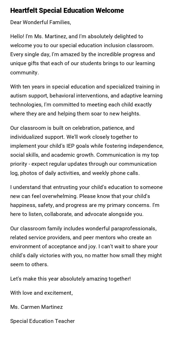 Heartfelt Special Education Welcome Heartfelt Special Education Welcome
