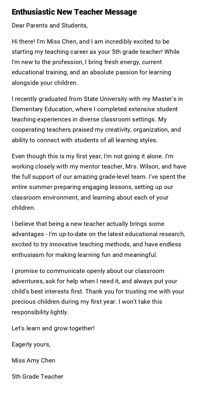 Enthusiastic New Teacher Message Enthusiastic New Teacher Message