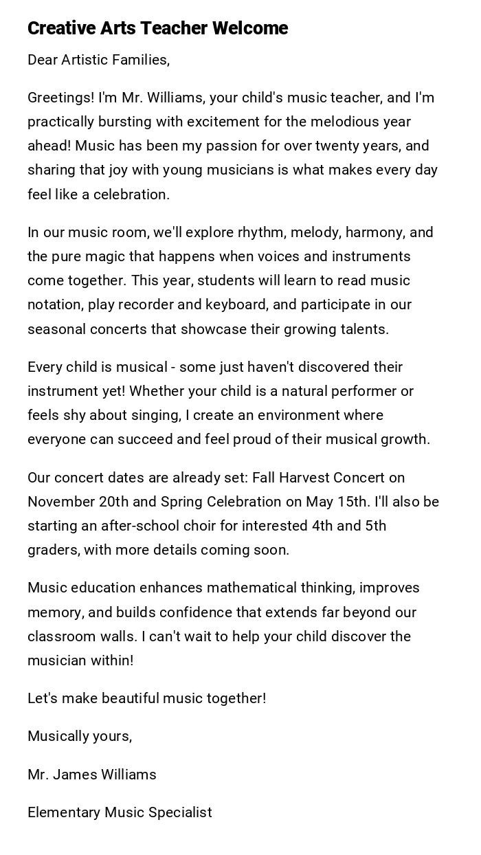 Creative Arts Teacher Welcome Creative Arts Teacher Welcome
