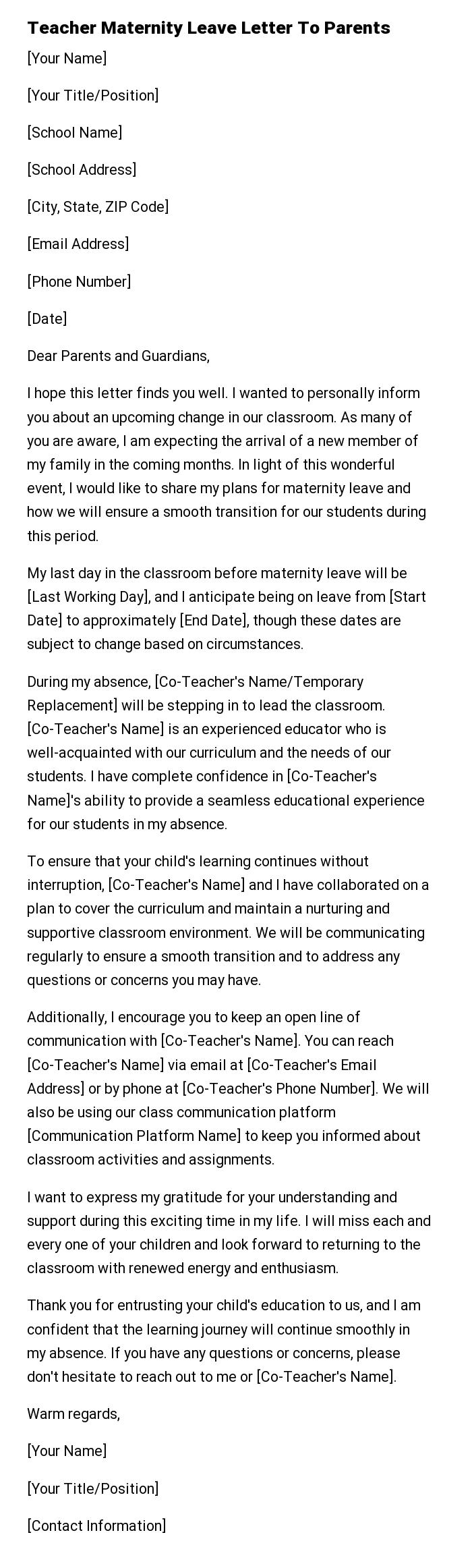 Teacher Maternity Leave Letter To Parents
