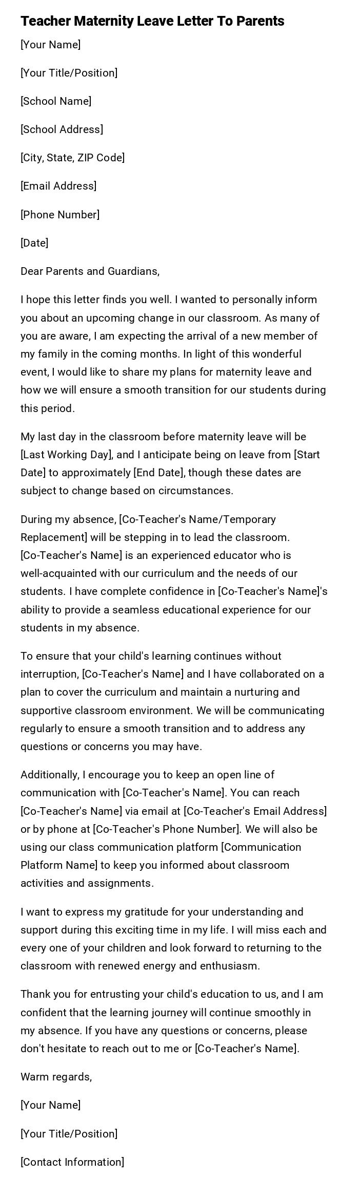 Teacher Maternity Leave Letter To Parents