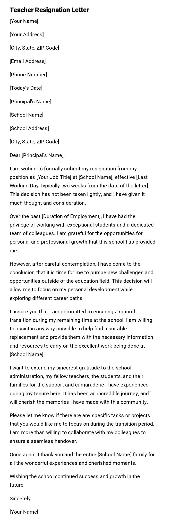 Teacher Resignation Letter