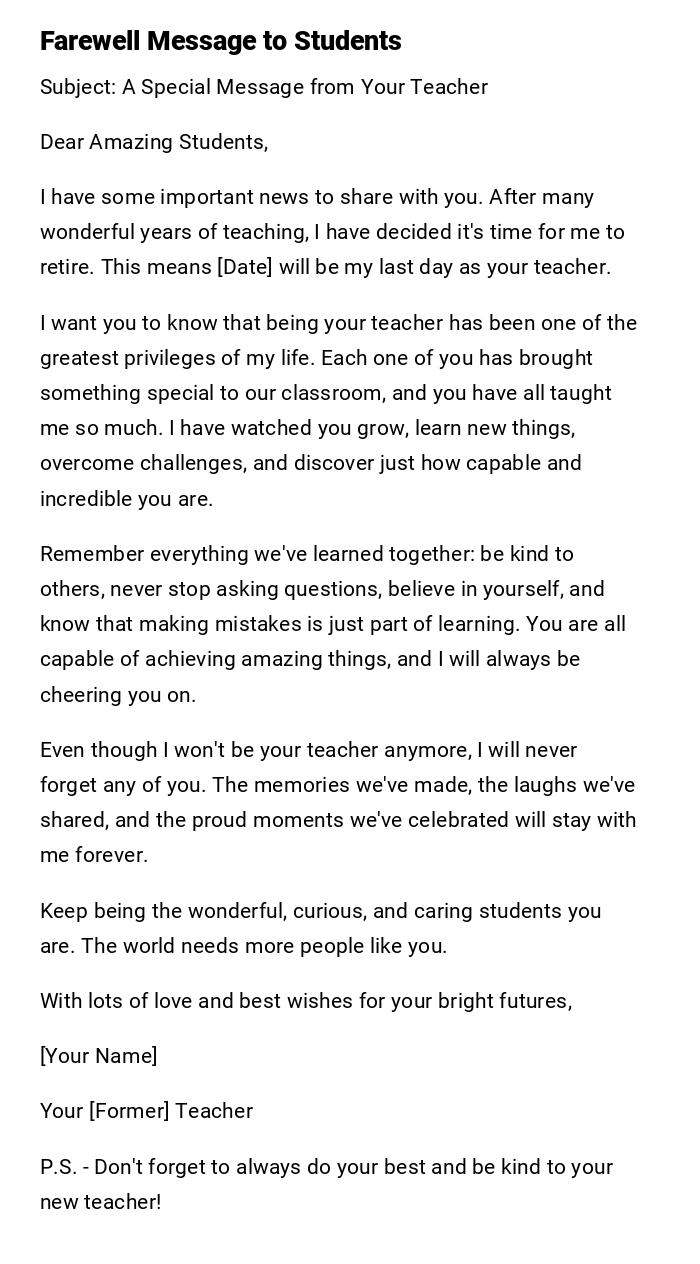 Farewell Message to Students Farewell Message to Students