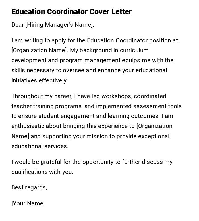 Education Coordinator Cover Letter Education Coordinator Cover Letter