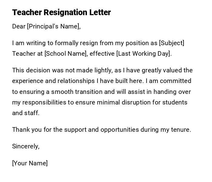 Teacher Resignation Letter Teacher Resignation Letter