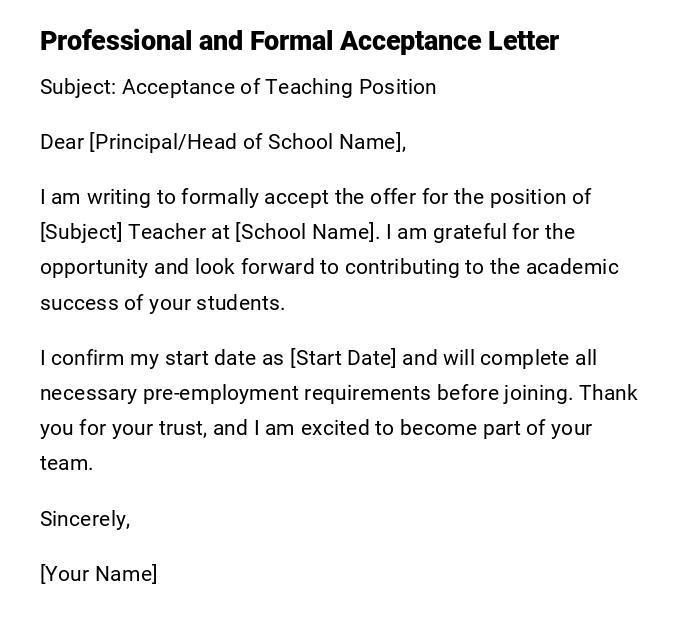 Professional and Formal Acceptance Letter Professional and Formal Acceptance Letter