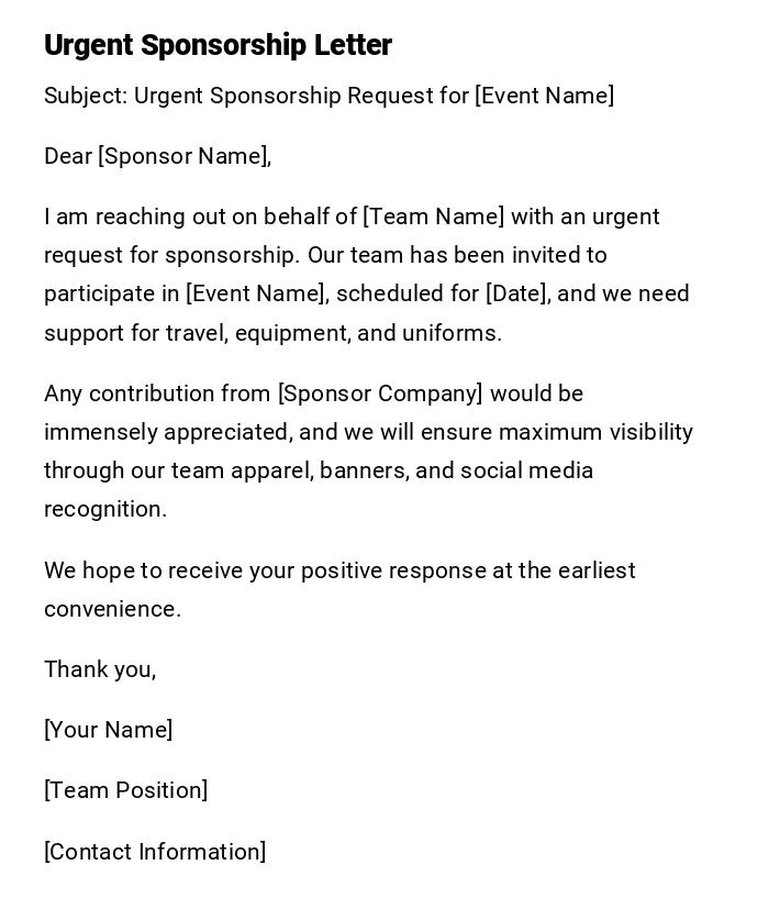 Urgent Sponsorship Letter Urgent Sponsorship Letter