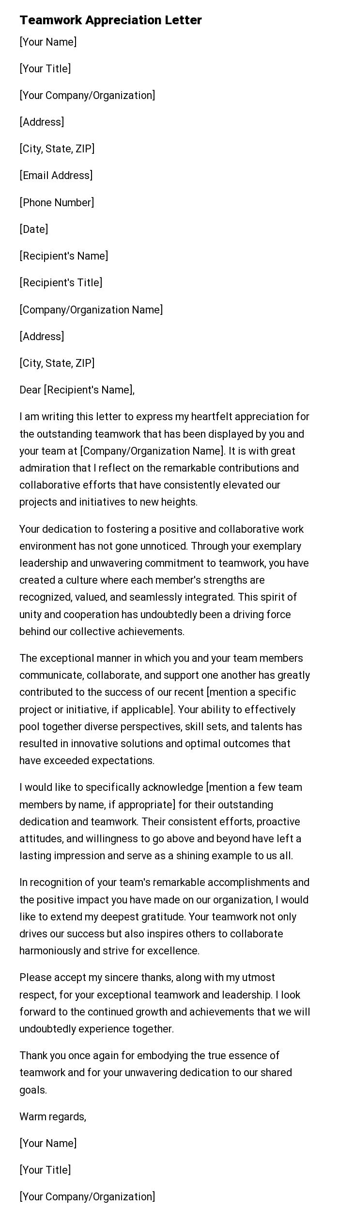 Teamwork Appreciation Letter