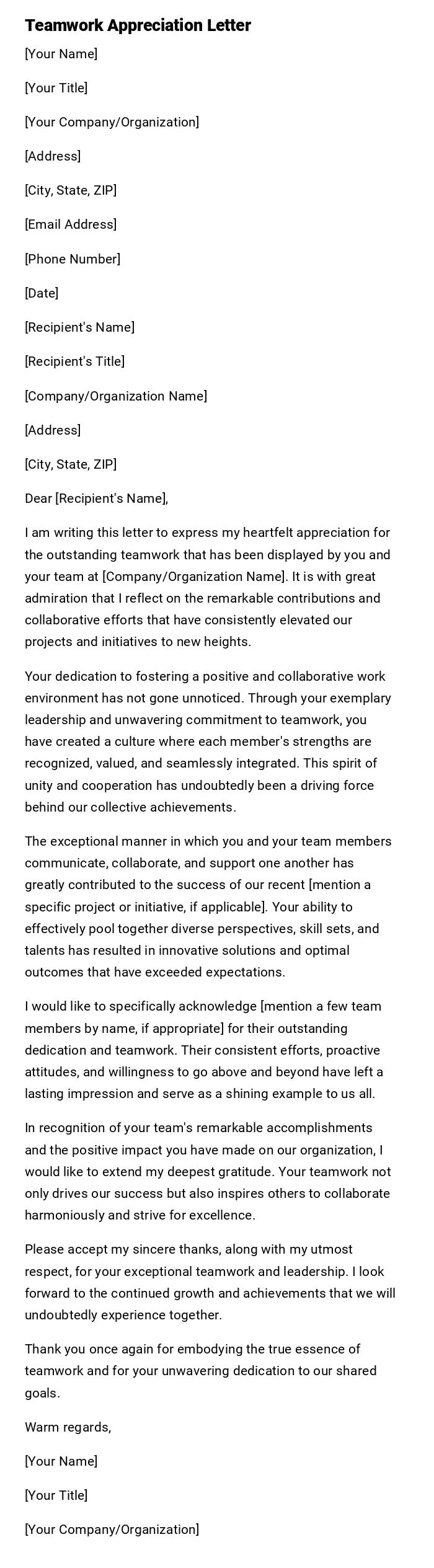 Teamwork Appreciation Letter