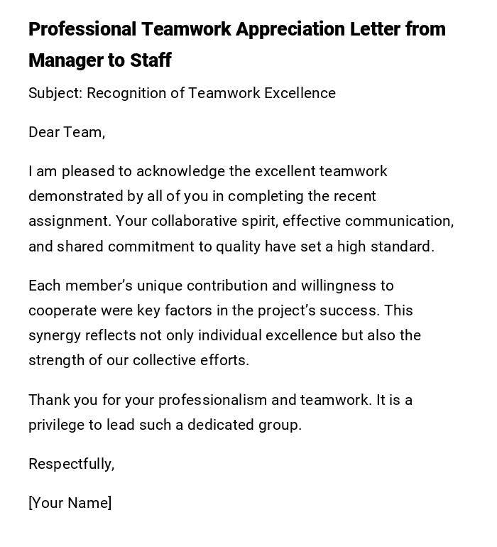Professional Teamwork Appreciation Letter from Manager to Staff Professional Teamwork Appreciation Letter from Manager to Staff