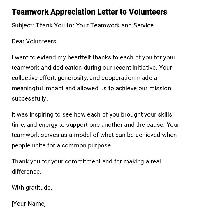 Teamwork Appreciation Letter to Volunteers Teamwork Appreciation Letter to Volunteers