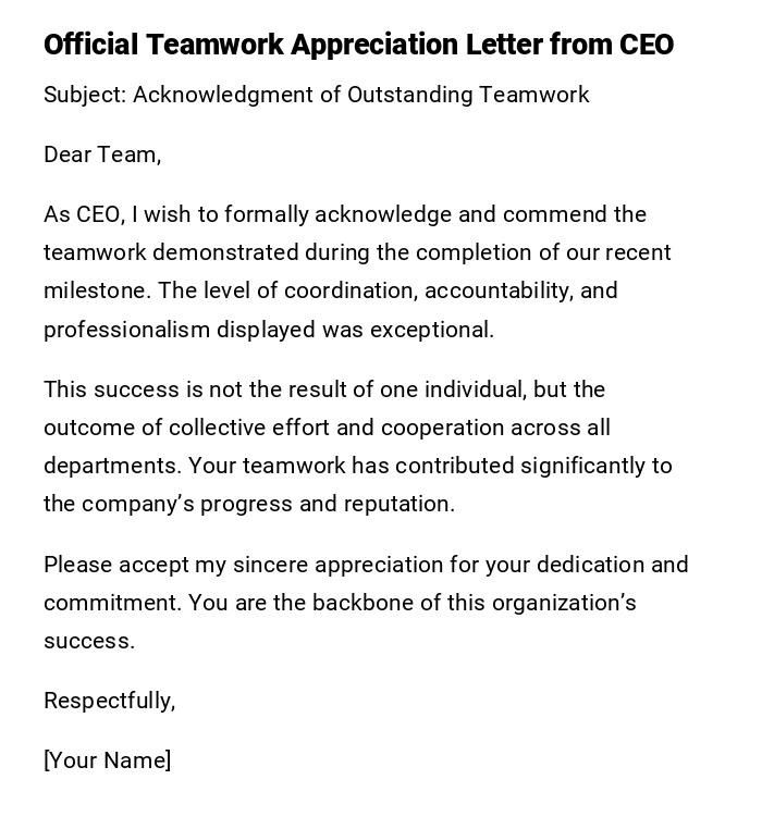 Official Teamwork Appreciation Letter from CEO Official Teamwork Appreciation Letter from CEO