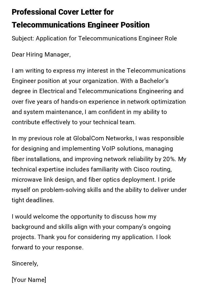 Professional Cover Letter for Telecommunications Engineer Position Professional Cover Letter for Telecommunications Engineer Position
