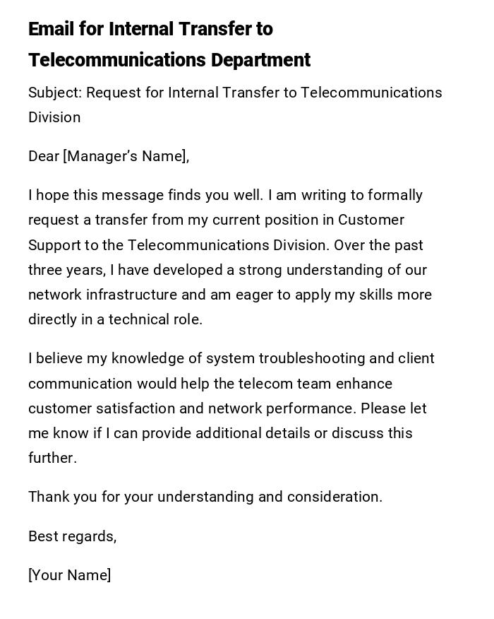 Email for Internal Transfer to Telecommunications Department Email for Internal Transfer to Telecommunications Department