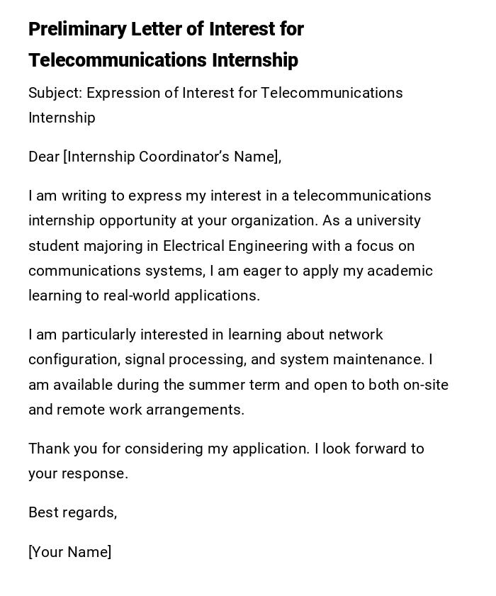 Preliminary Letter of Interest for Telecommunications Internship Preliminary Letter of Interest for Telecommunications Internship