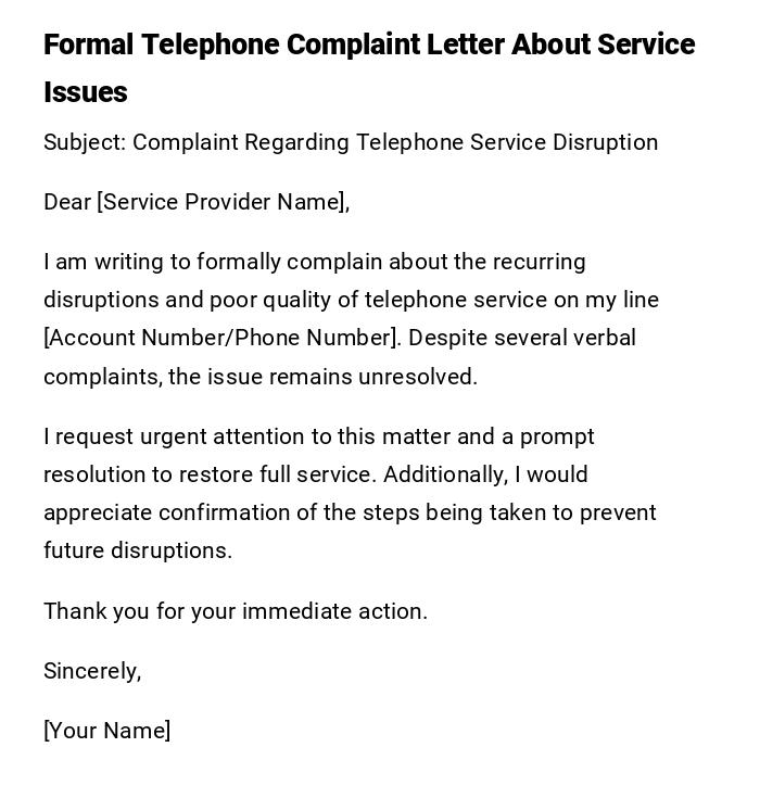 Formal Telephone Complaint Letter About Service Issues Formal Telephone Complaint Letter About Service Issues