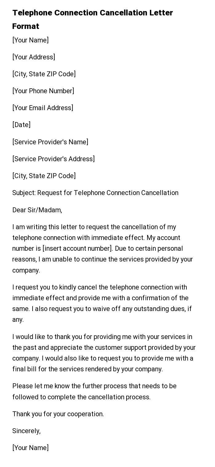 Telephone Connection Cancellation Letter Format