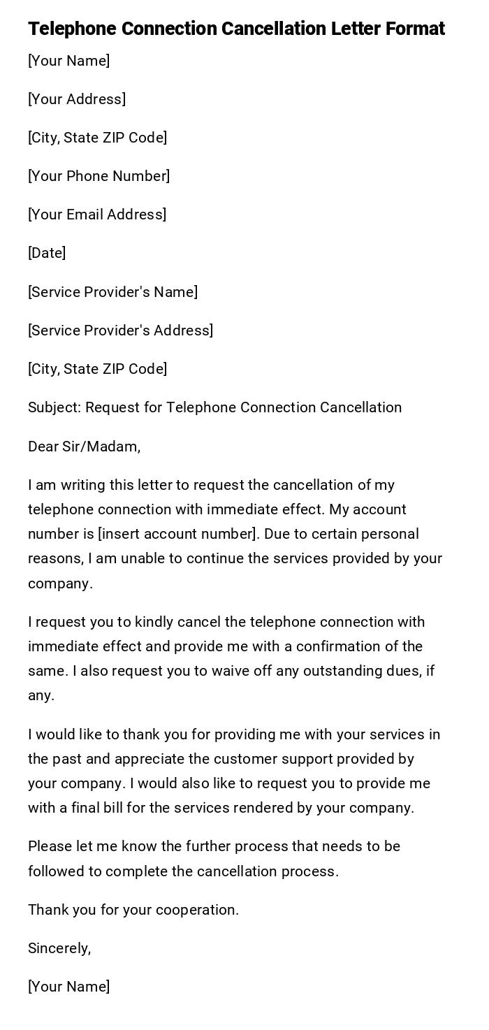 Telephone Connection Cancellation Letter Format