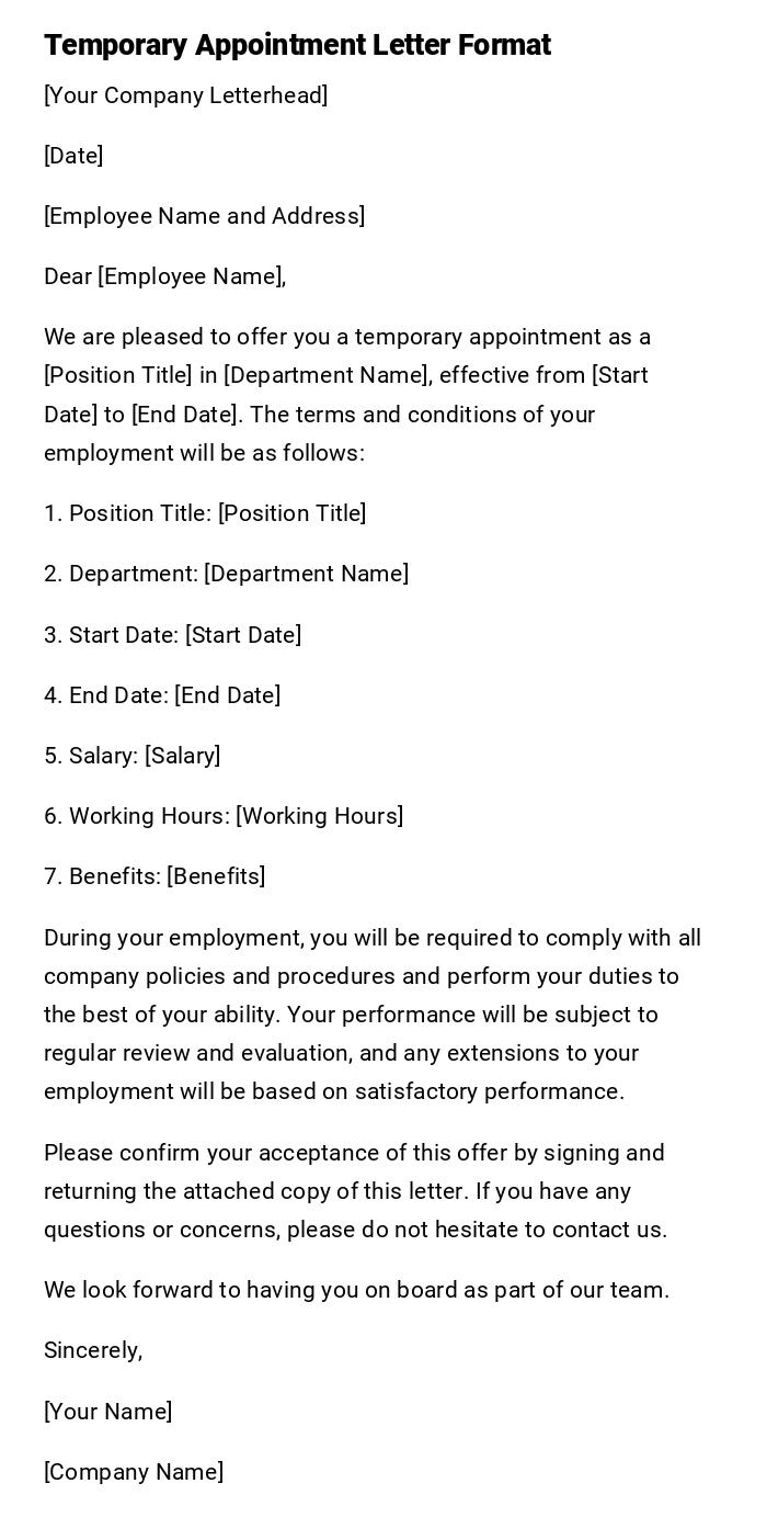 Temporary Appointment Letter Format