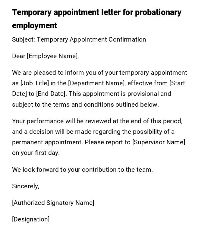 Temporary appointment letter for probationary employment Temporary appointment letter for probationary employment
