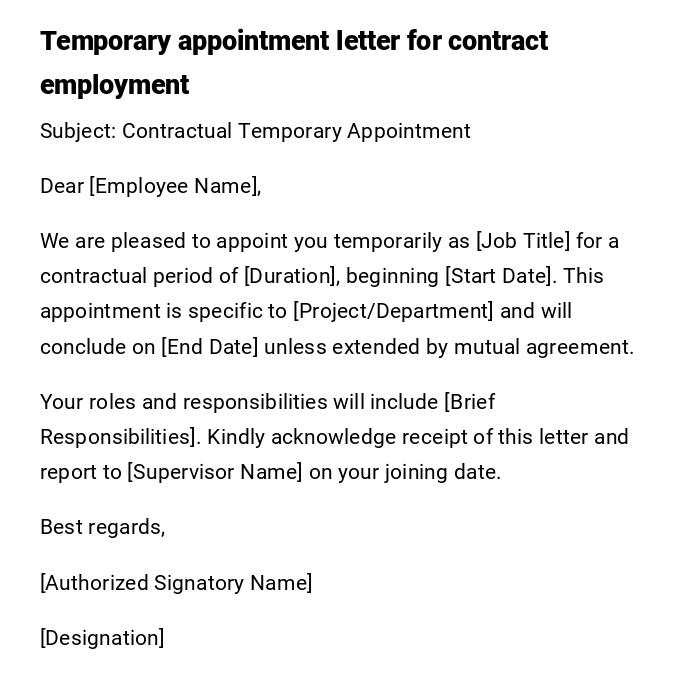 Temporary appointment letter for contract employment Temporary appointment letter for contract employment