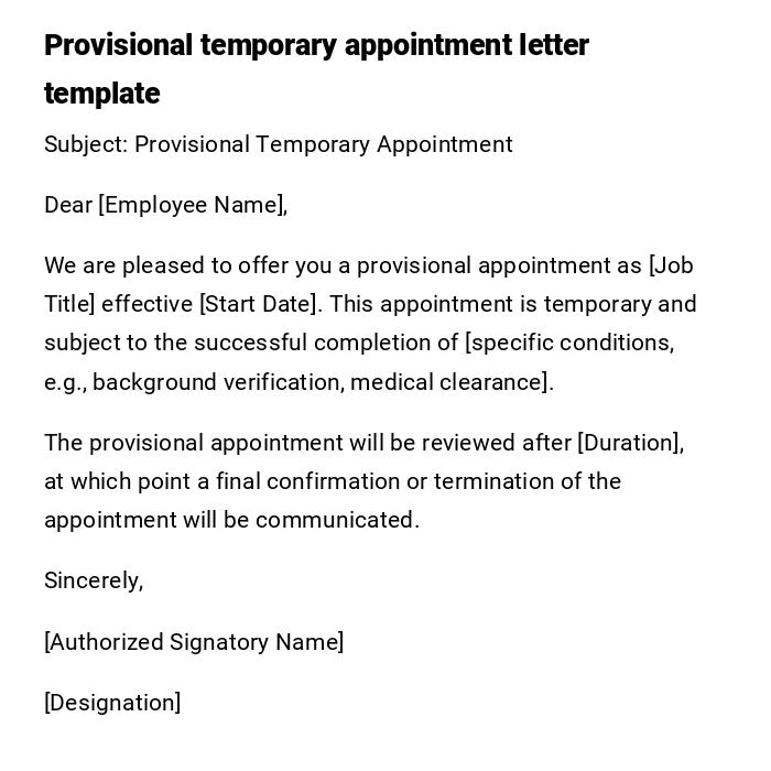 Provisional temporary appointment letter template Provisional temporary appointment letter template