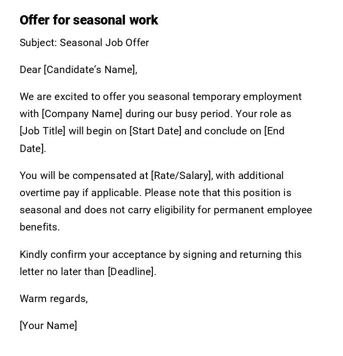 Offer for seasonal work Offer for seasonal work