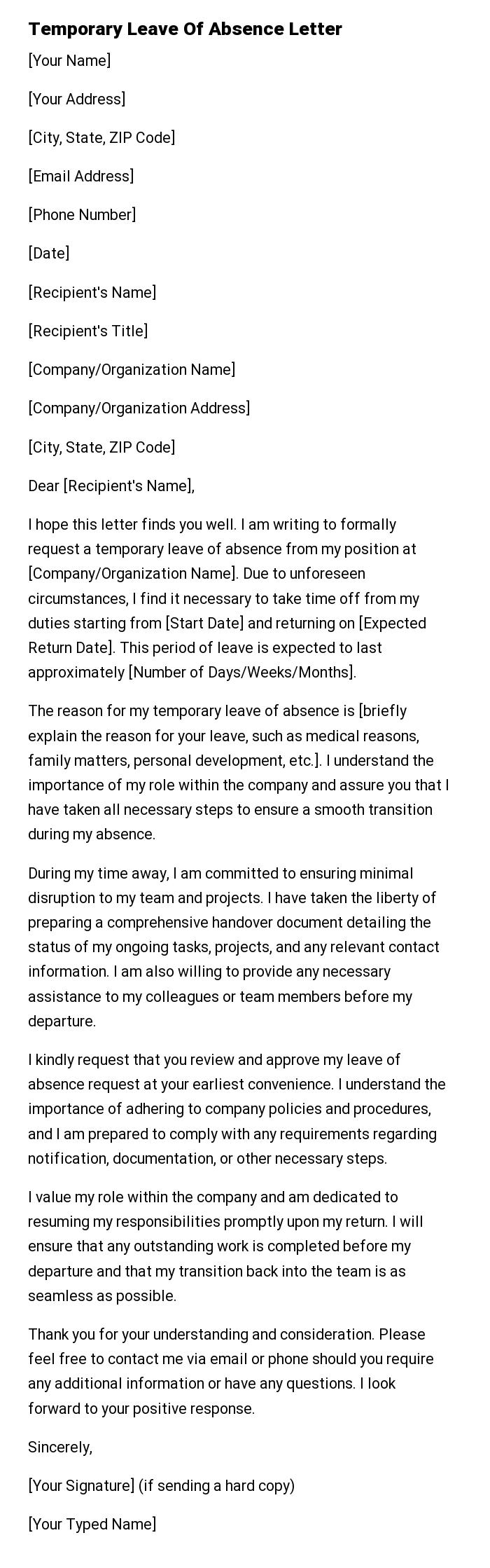 Temporary Leave Of Absence Letter